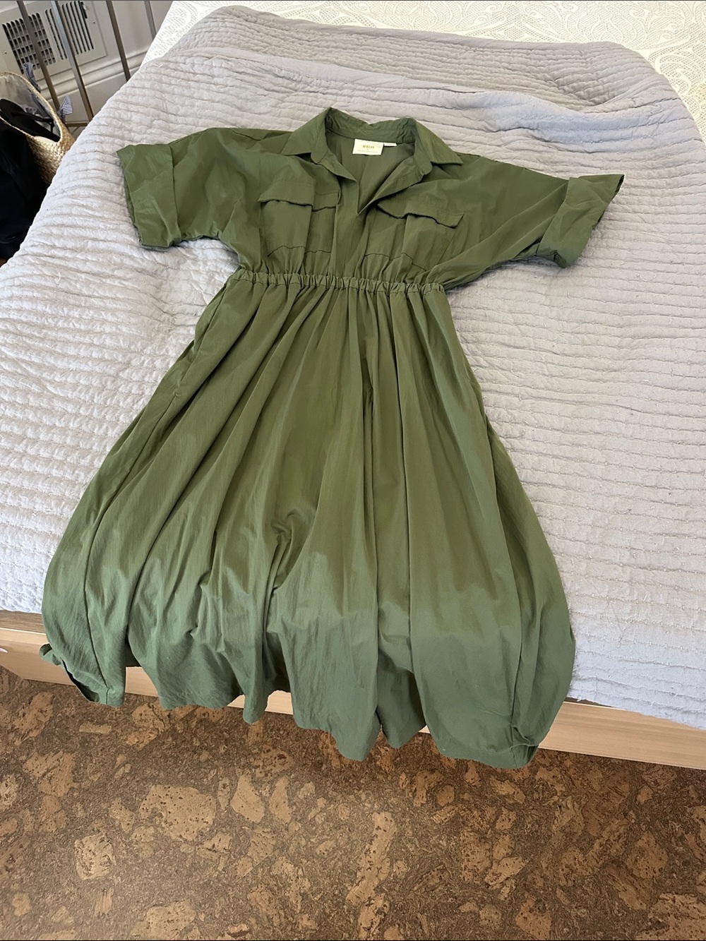 Maeve Olive Green Short-Sleeve Gathered-Waist Midi Dress